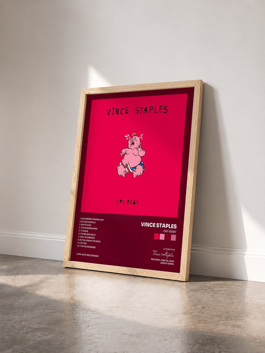 #bois Tableau de l'album Cry Baby de Vince Staples vu de trois quarts, cadre en bois brut