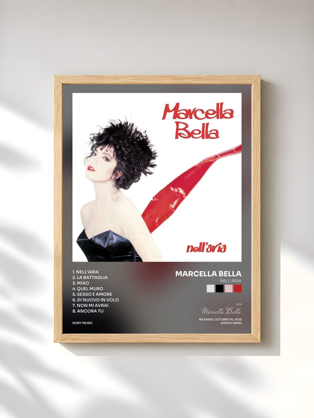 #bois Tableau de l'album Nell'aria de Marcella Bella, cadre en bois brut, imprimé et encadré en France