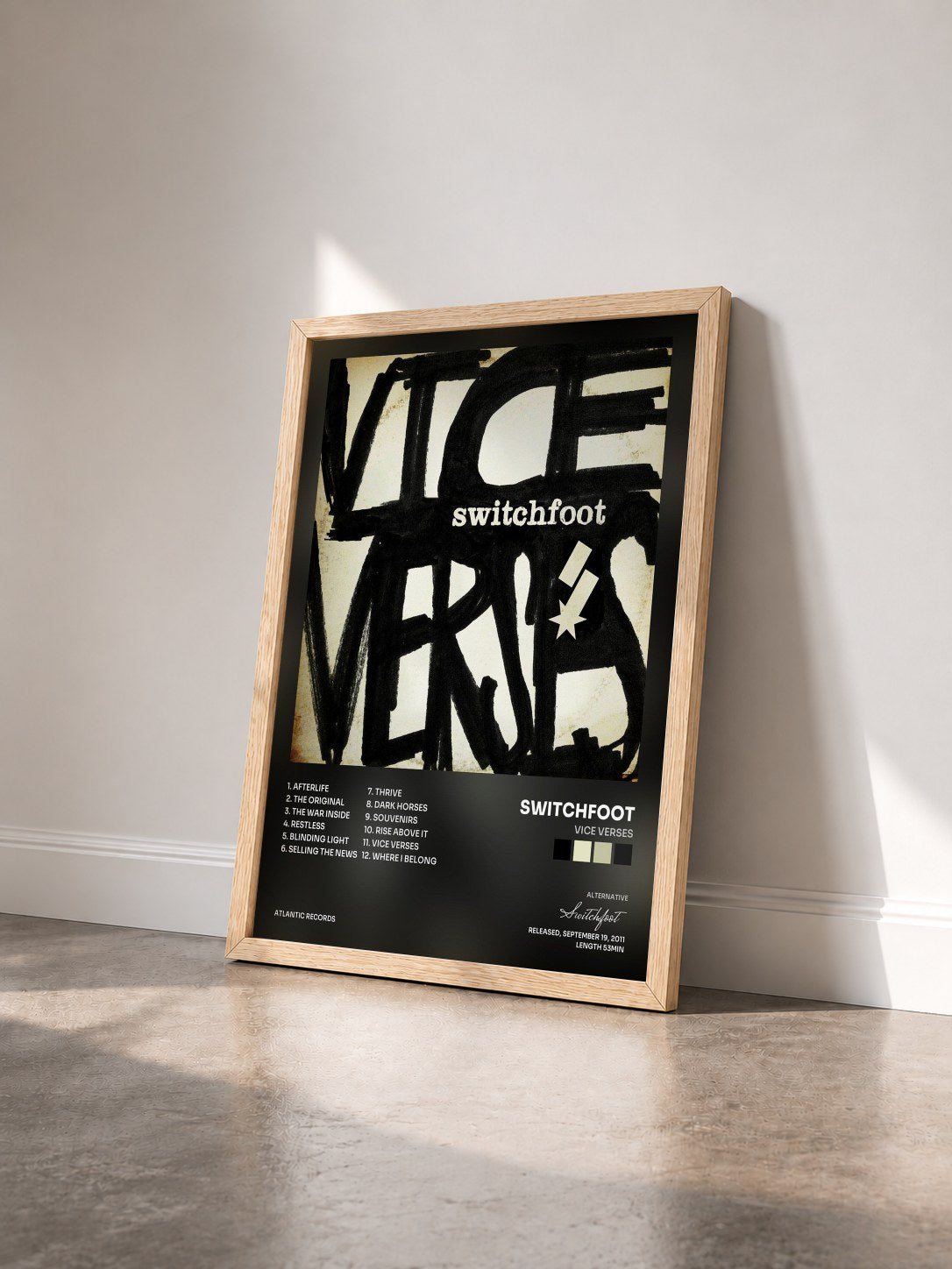 #bois Tableau de l'album Vice Verses de Switchfoot vu de trois quarts, cadre en bois brut