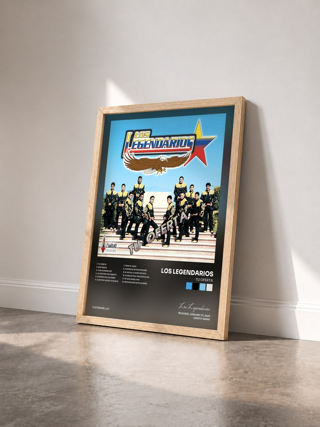 #bois Tableau de l'album Tu Oferta de Los Legendarios vu de trois quarts, cadre en bois brut