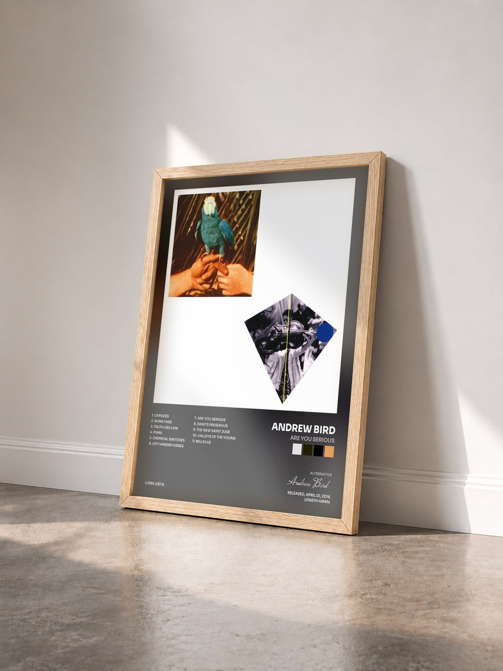 #bois Tableau de l'album Are You Serious de Andrew Bird vu de trois quarts, cadre en bois brut