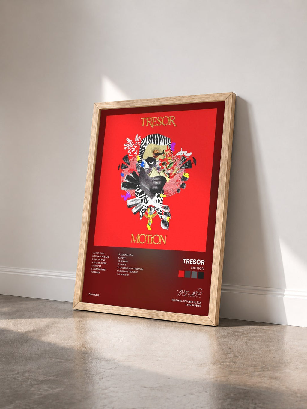 #bois Tableau de l'album Motion de TRESOR vu de trois quarts, cadre en bois brut