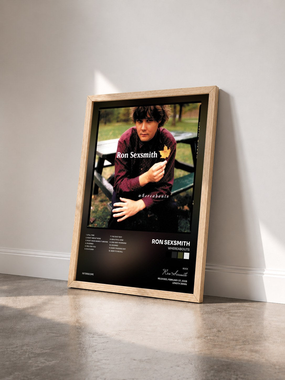 #bois Tableau de l'album Whereabouts de Ron Sexsmith vu de trois quarts, cadre en bois brut
