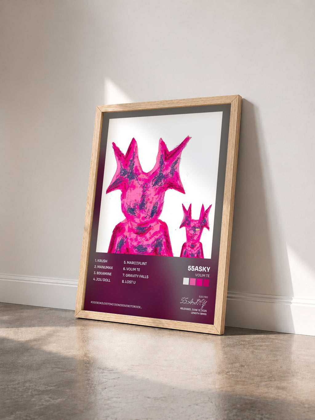 #bois Tableau de l'album Volim te de 55ASKY vu de trois quarts, cadre en bois brut