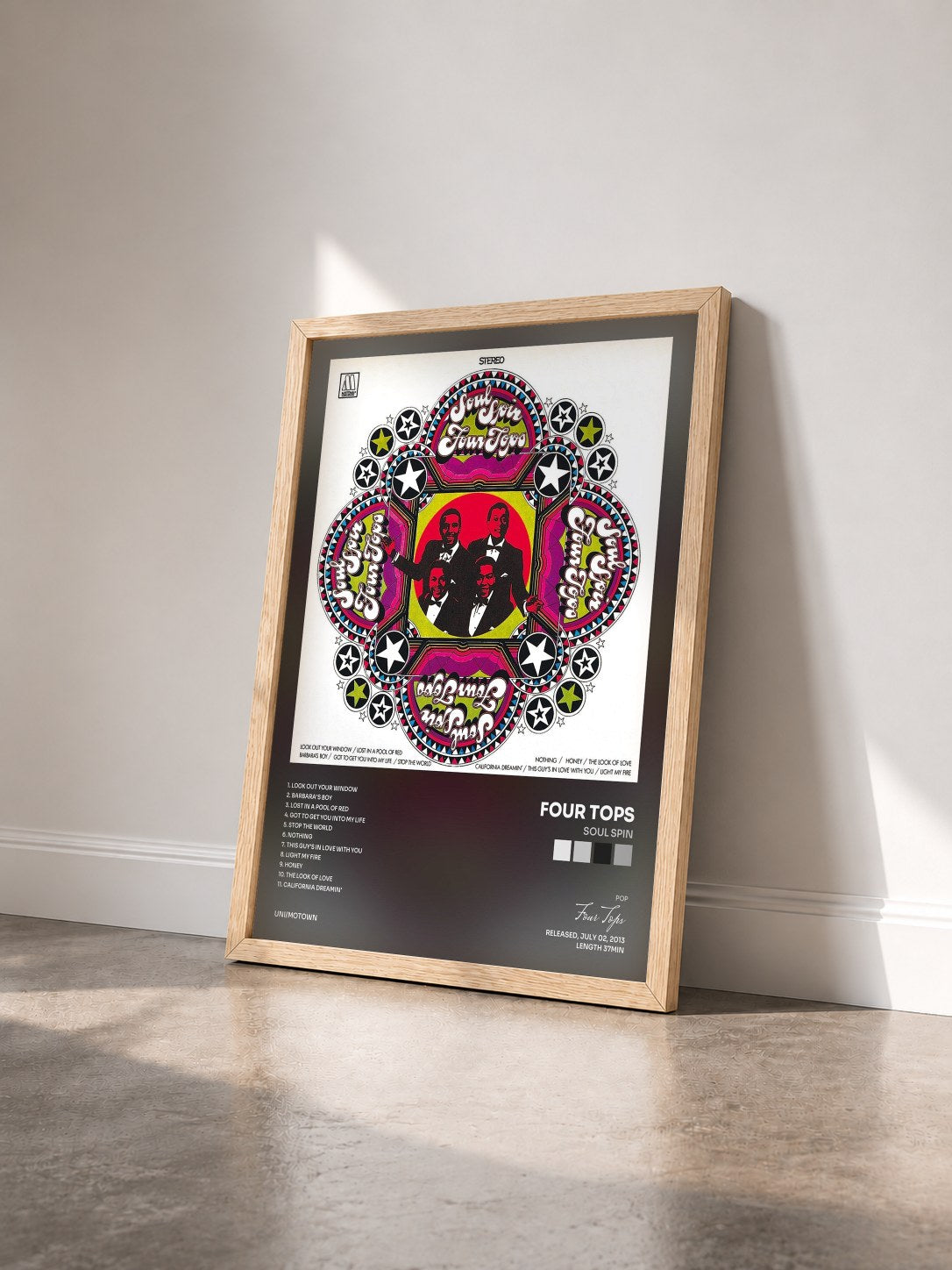 #bois Tableau de l'album Soul Spin de Four Tops vu de trois quarts, cadre en bois brut