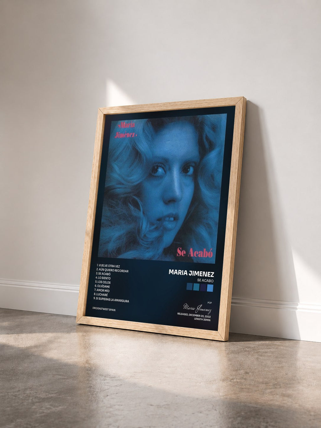 #bois Tableau de l'album Se acabo de Maria Jimenez vu de trois quarts, cadre en bois brut