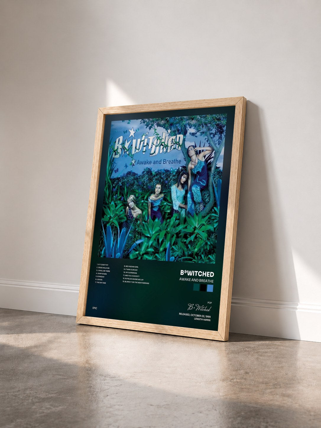 #bois Tableau de l'album Awake and Breathe de B*Witched vu de trois quarts, cadre en bois brut