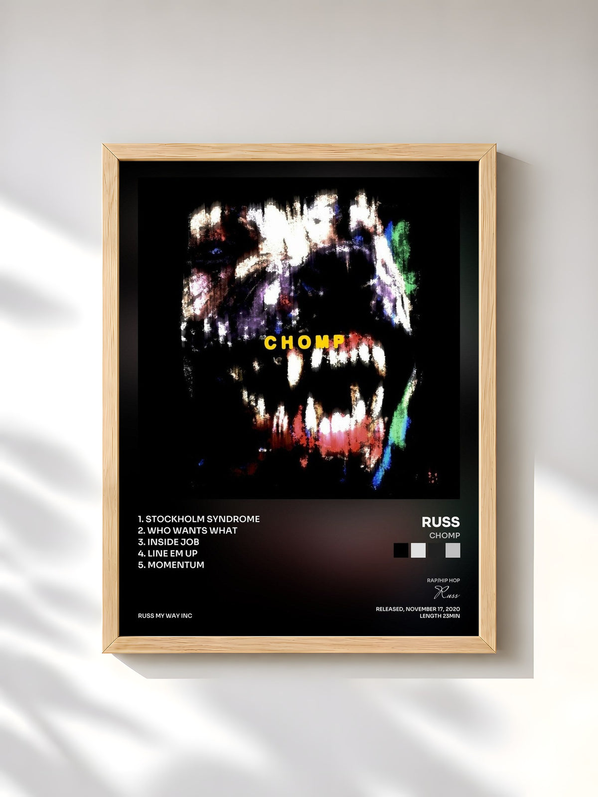 #bois Tableau de l'album CHOMP de Russ, cadre en bois brut, imprimé et encadré en France