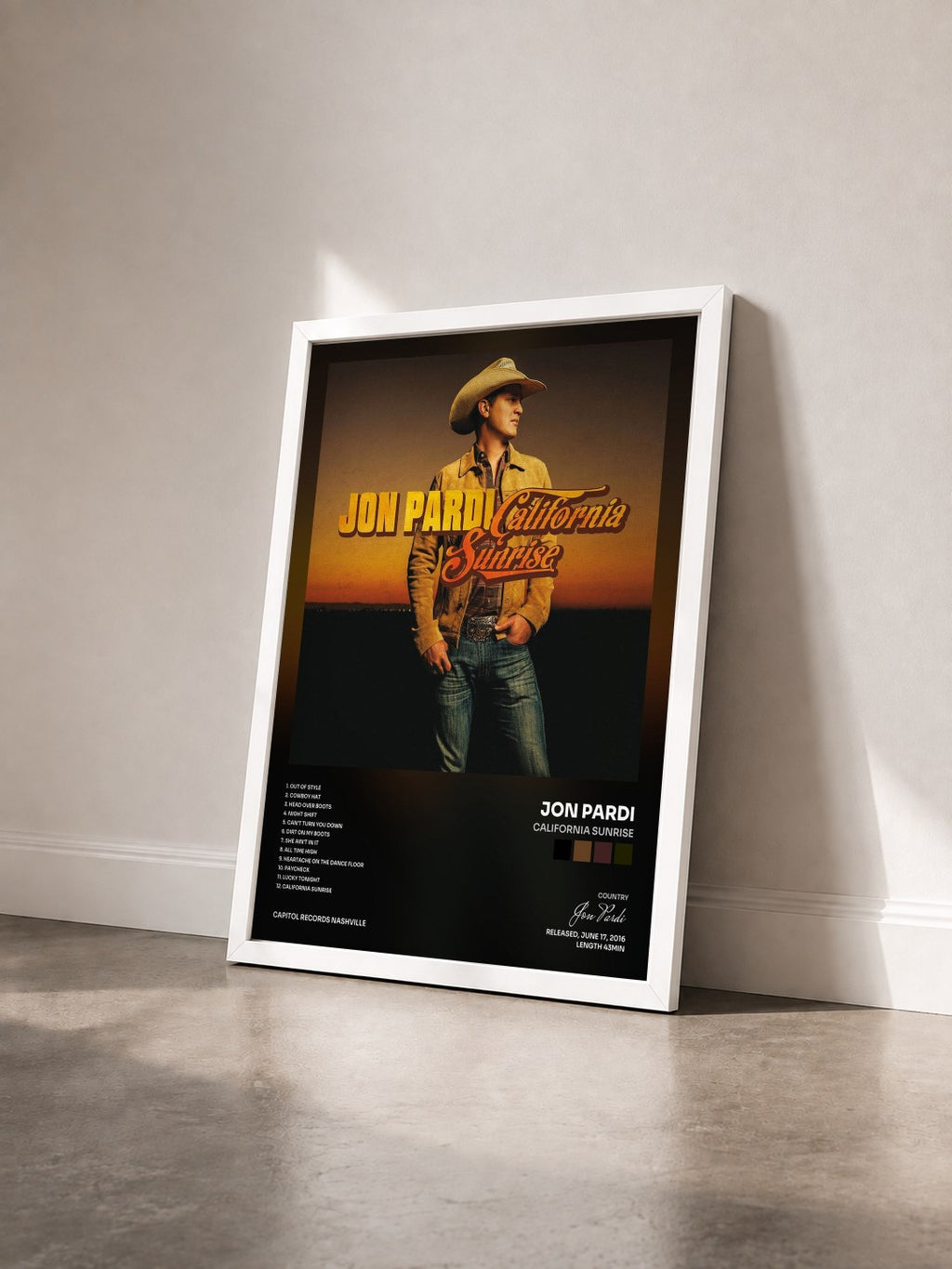 #blanc Tableau de l'album California Sunrise de Jon Pardi vu de trois quarts, cadre blanc