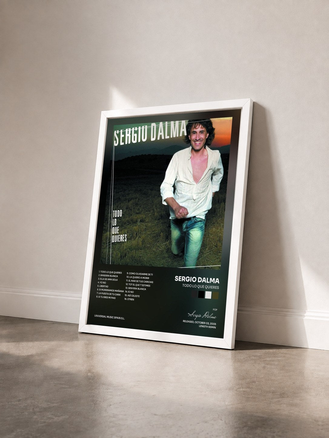 #blanc Tableau de l'album Todo Lo Que Quieres de Sergio Dalma vu de trois quarts, cadre blanc