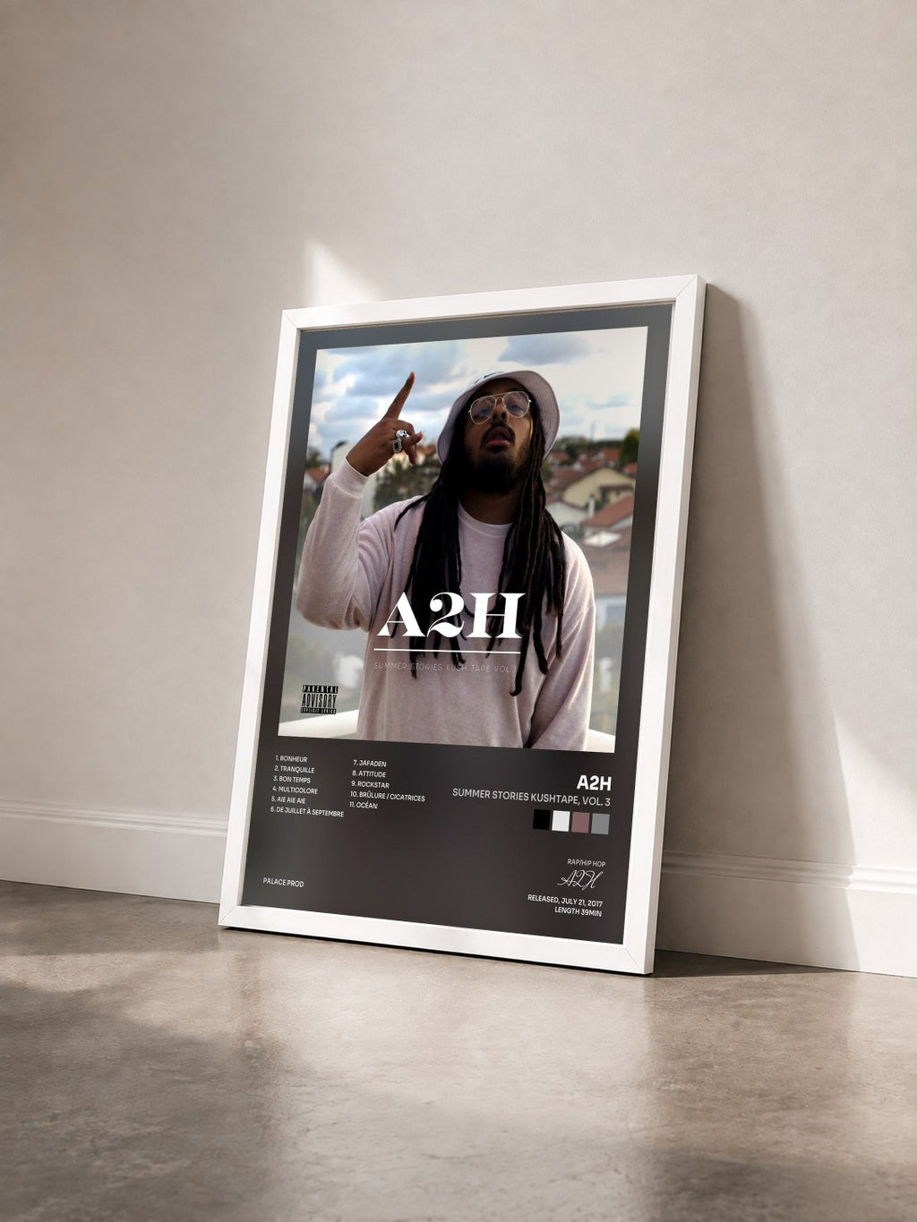 #blanc Tableau de l'album Summer Stories Kushtape, Vol. 3 de A2H vu de trois quarts, cadre blanc