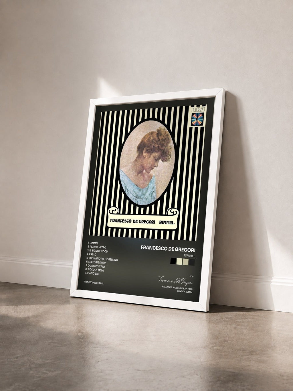 #blanc Tableau de l'album Rimmel de Francesco De Gregori vu de trois quarts, cadre blanc