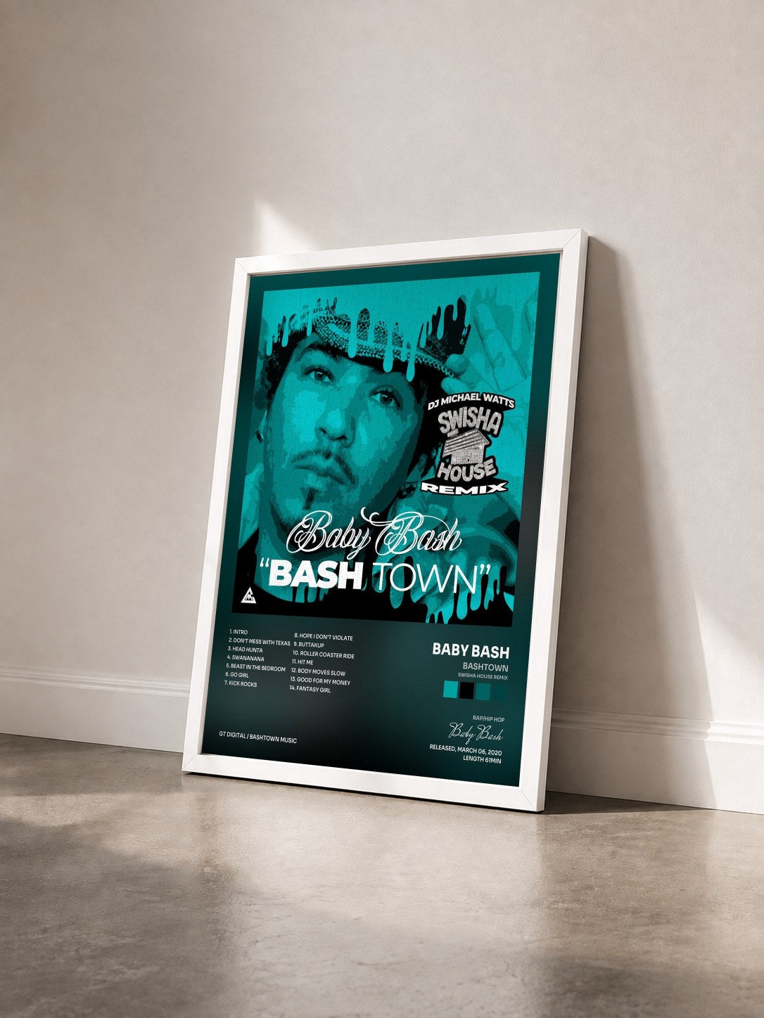#blanc Tableau de l'album Bashtown (Swisha House Remix) de Baby Bash vu de trois quarts, cadre blanc