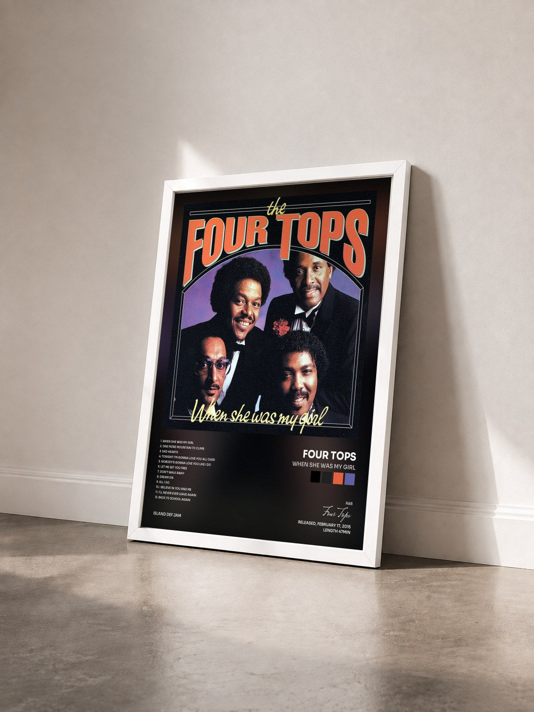 #blanc Tableau de l'album When She Was My Girl de Four Tops vu de trois quarts, cadre blanc