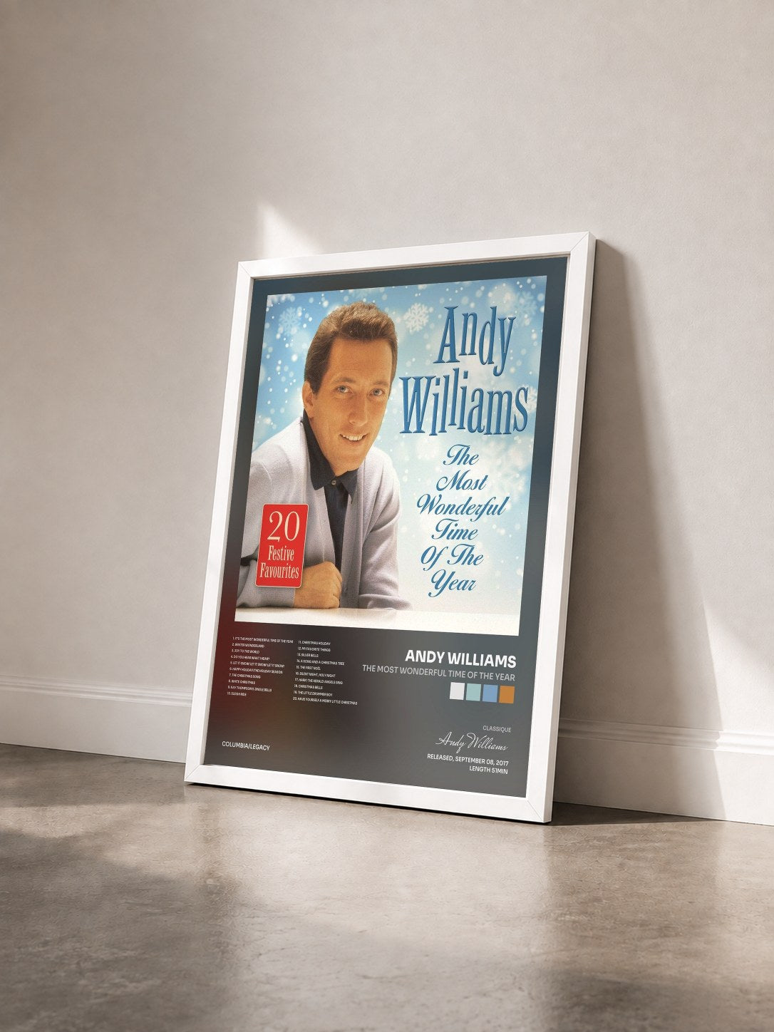 #blanc Tableau de l'album The Most Wonderful Time Of The Year de Andy Williams vu de trois quarts, cadre blanc
