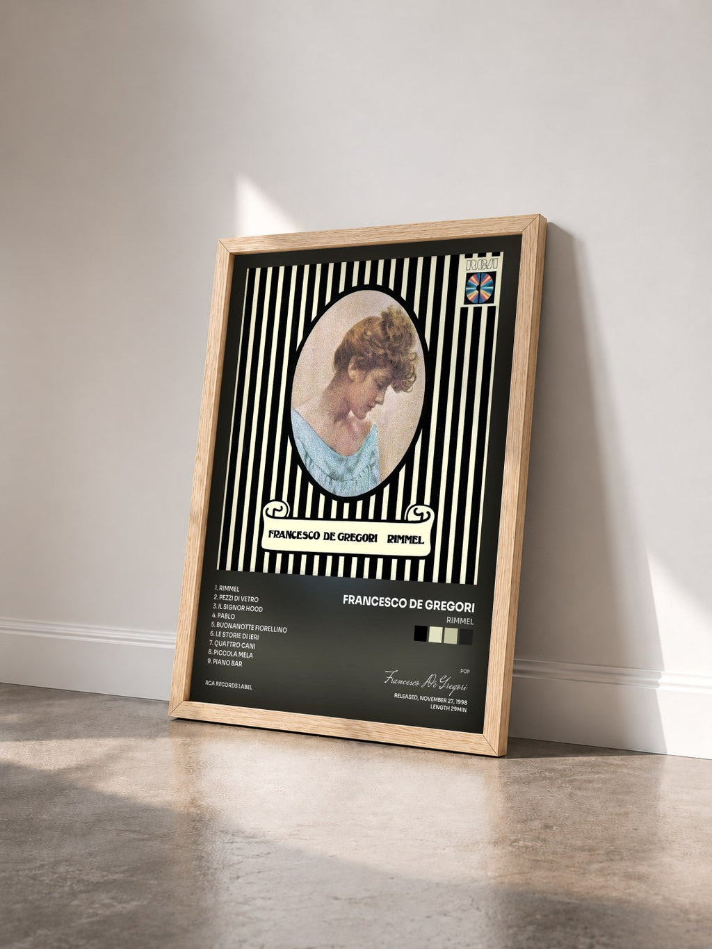 #bois Tableau de l'album Rimmel de Francesco De Gregori vu de trois quarts, cadre en bois brut
