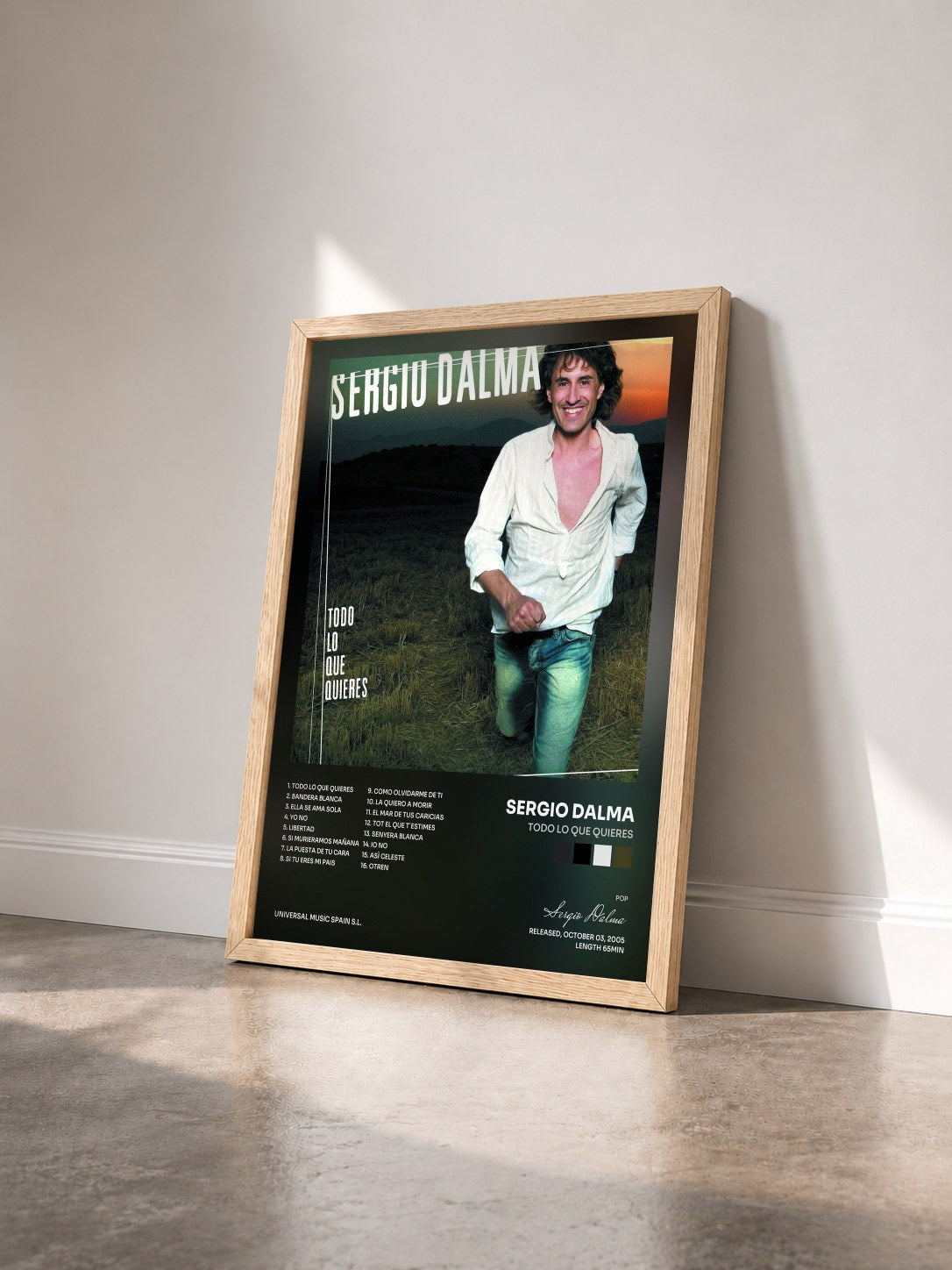 #bois Tableau de l'album Todo Lo Que Quieres de Sergio Dalma vu de trois quarts, cadre en bois brut
