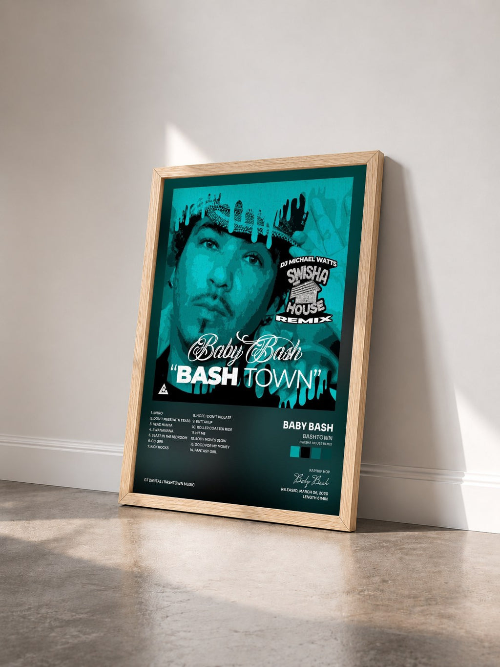 #bois Tableau de l'album Bashtown (Swisha House Remix) de Baby Bash vu de trois quarts, cadre en bois brut