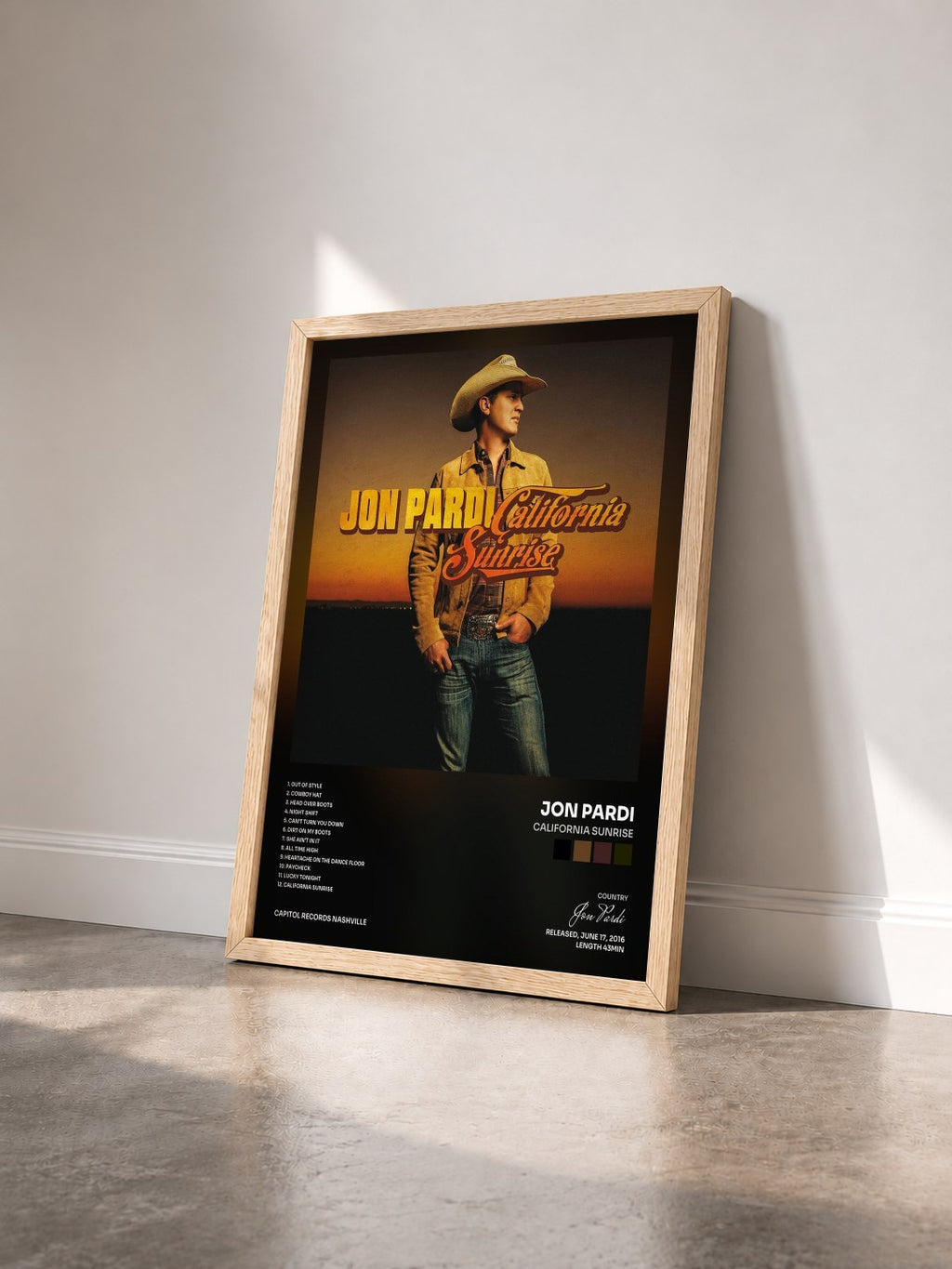 #bois Tableau de l'album California Sunrise de Jon Pardi vu de trois quarts, cadre en bois brut