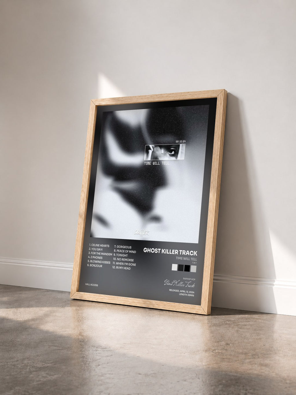 #bois Tableau de l'album Time Will Tell (T.W.T) de Ghost Killer Track vu de trois quarts, cadre en bois brut
