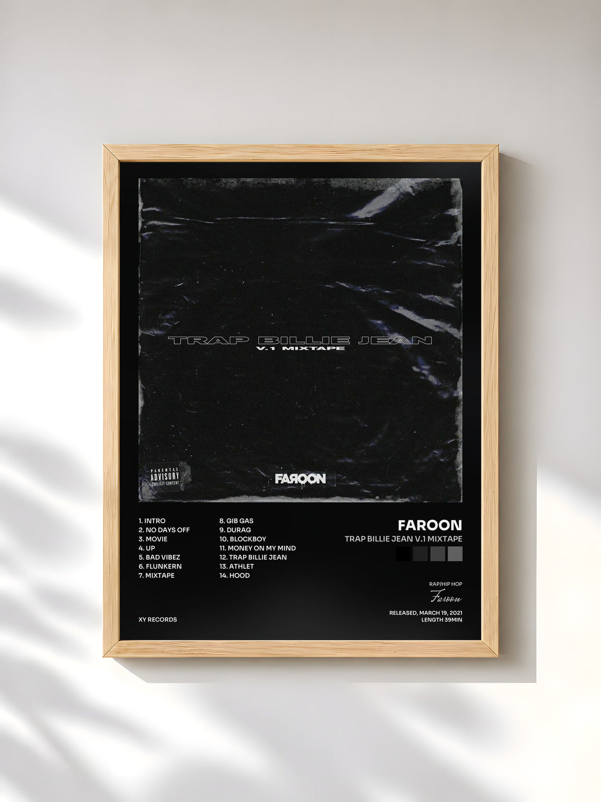 #bois Tableau de l'album Trap Billie Jean V.1 Mixtape de Faroon, cadre en bois brut, imprimé et encadré en France
