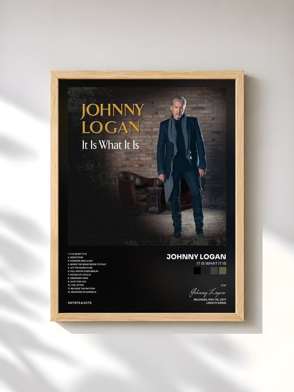 #bois Tableau de l'album It Is What It Is de Johnny Logan, cadre en bois brut, imprimé et encadré en France
