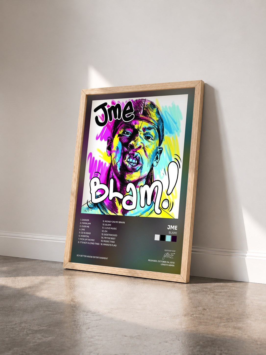 #bois Tableau de l'album Blam! de JME vu de trois quarts, cadre en bois brut