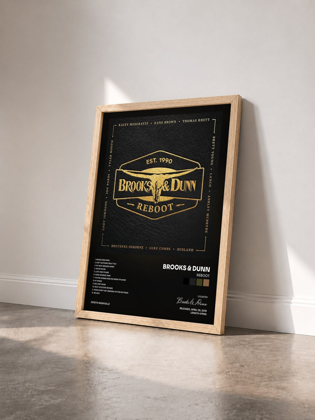 #bois Tableau de l'album Reboot de Brooks & Dunn vu de trois quarts, cadre en bois brut