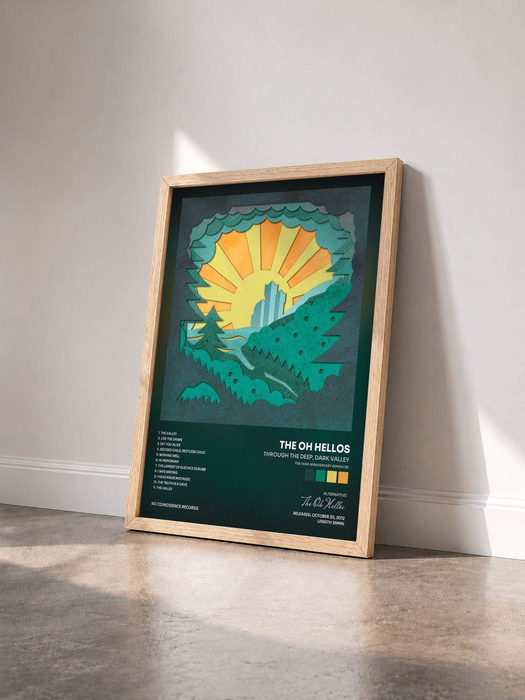 #bois Tableau de l'album Through The Deep, Dark Valley (Ten Year Anniversary Remaster) de The Oh Hellos vu de trois quarts, cadre en bois brut