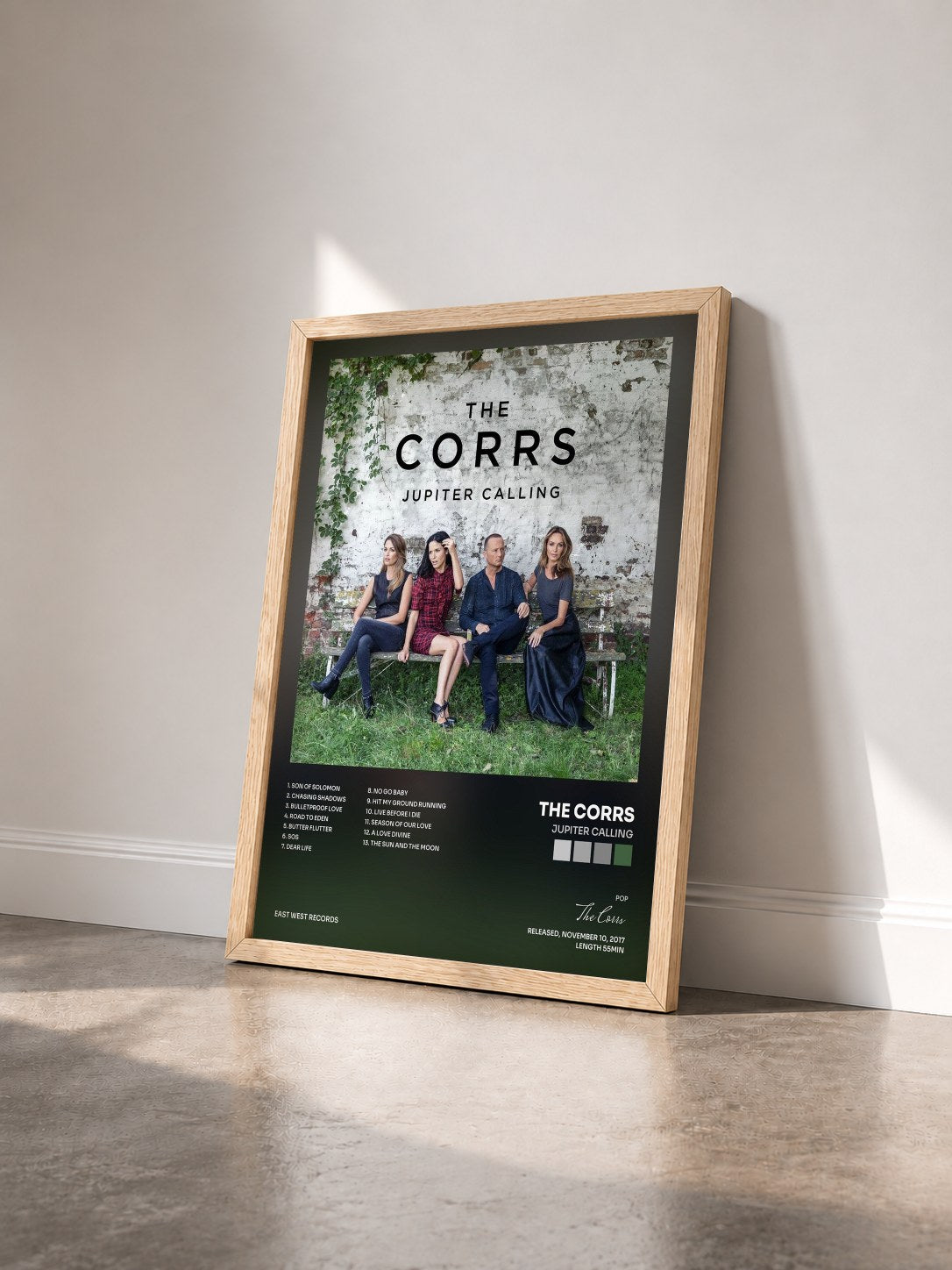 #bois Tableau de l'album Jupiter Calling de The Corrs vu de trois quarts, cadre en bois brut