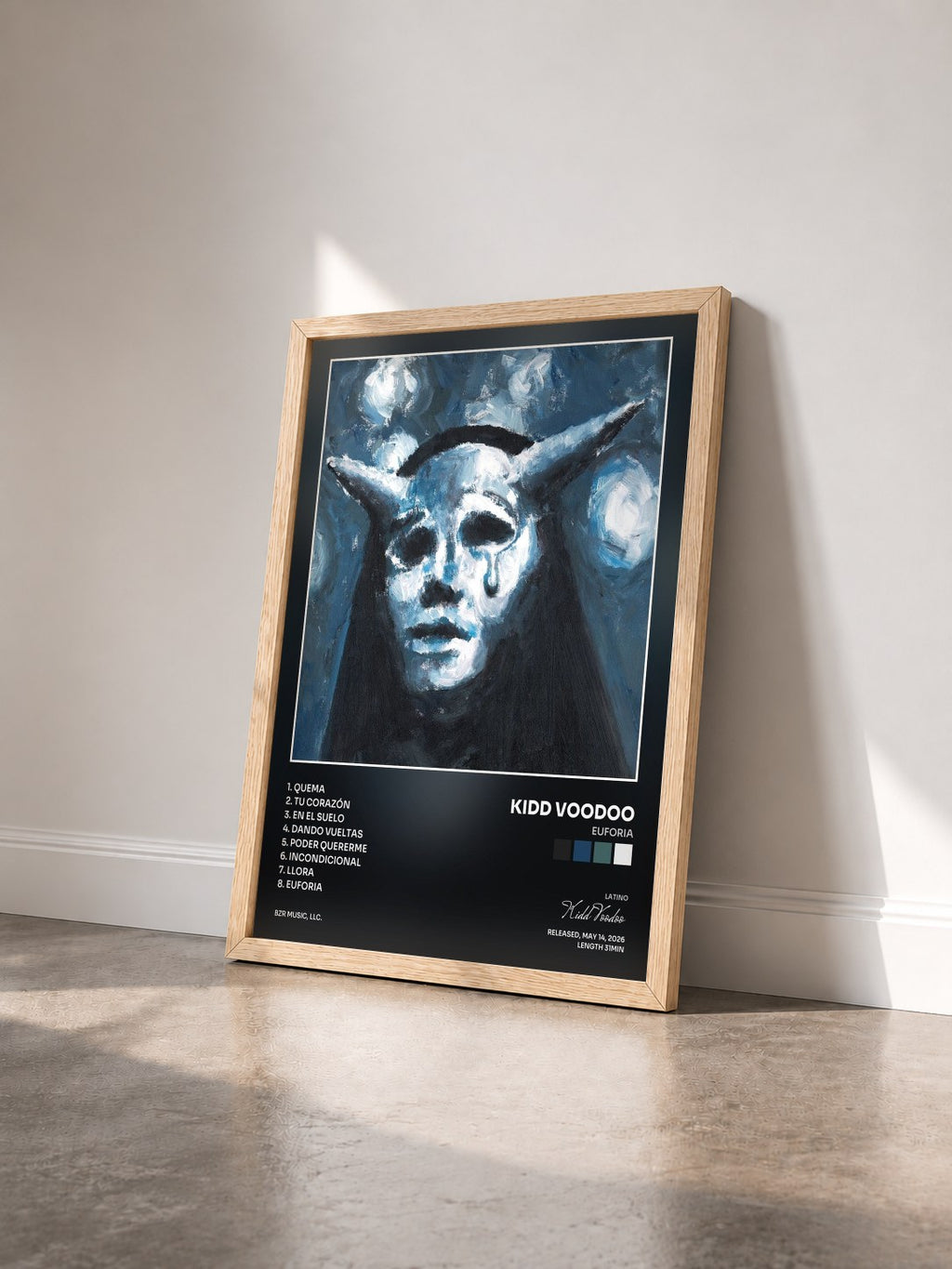 #bois Tableau de l'album Euforia de Kidd Voodoo vu de trois quarts, cadre en bois brut