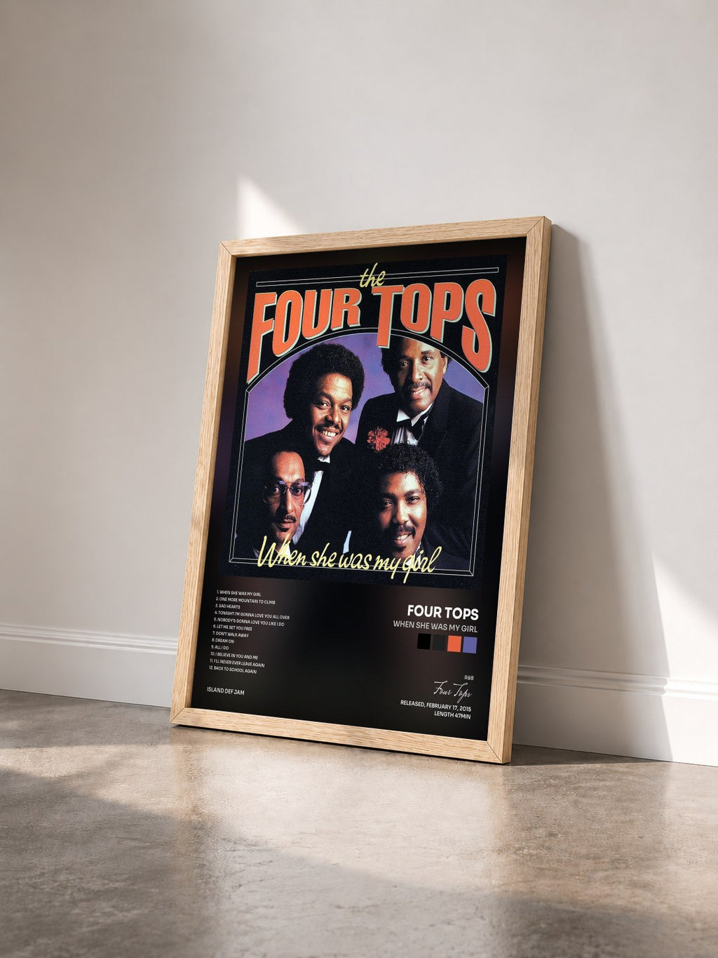 #bois Tableau de l'album When She Was My Girl de Four Tops vu de trois quarts, cadre en bois brut