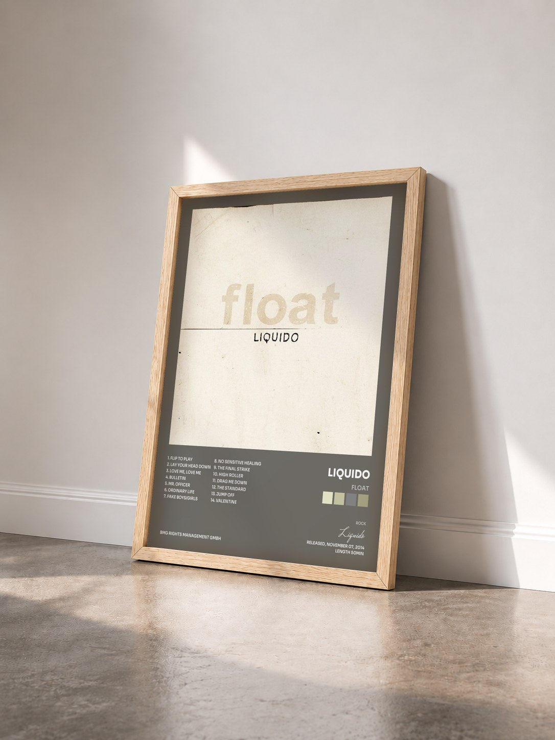 #bois Tableau de l'album Float de Liquido vu de trois quarts, cadre en bois brut