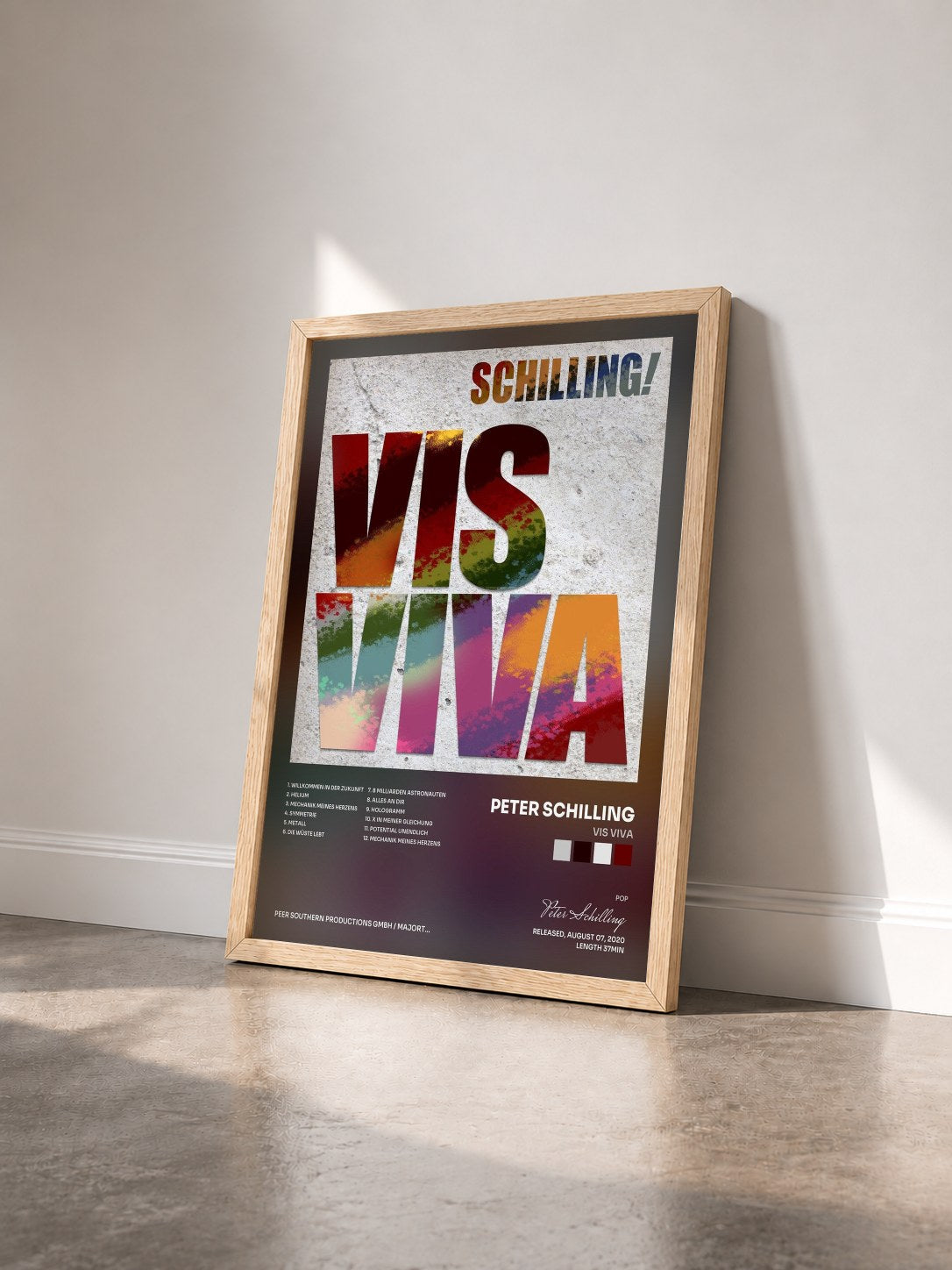 #bois Tableau de l'album Vis Viva de Peter Schilling vu de trois quarts, cadre en bois brut