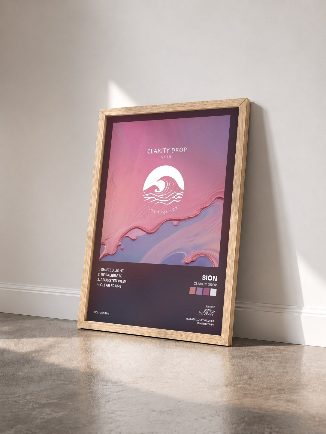 #bois Tableau de l'album Clarity Drop de SION vu de trois quarts, cadre en bois brut