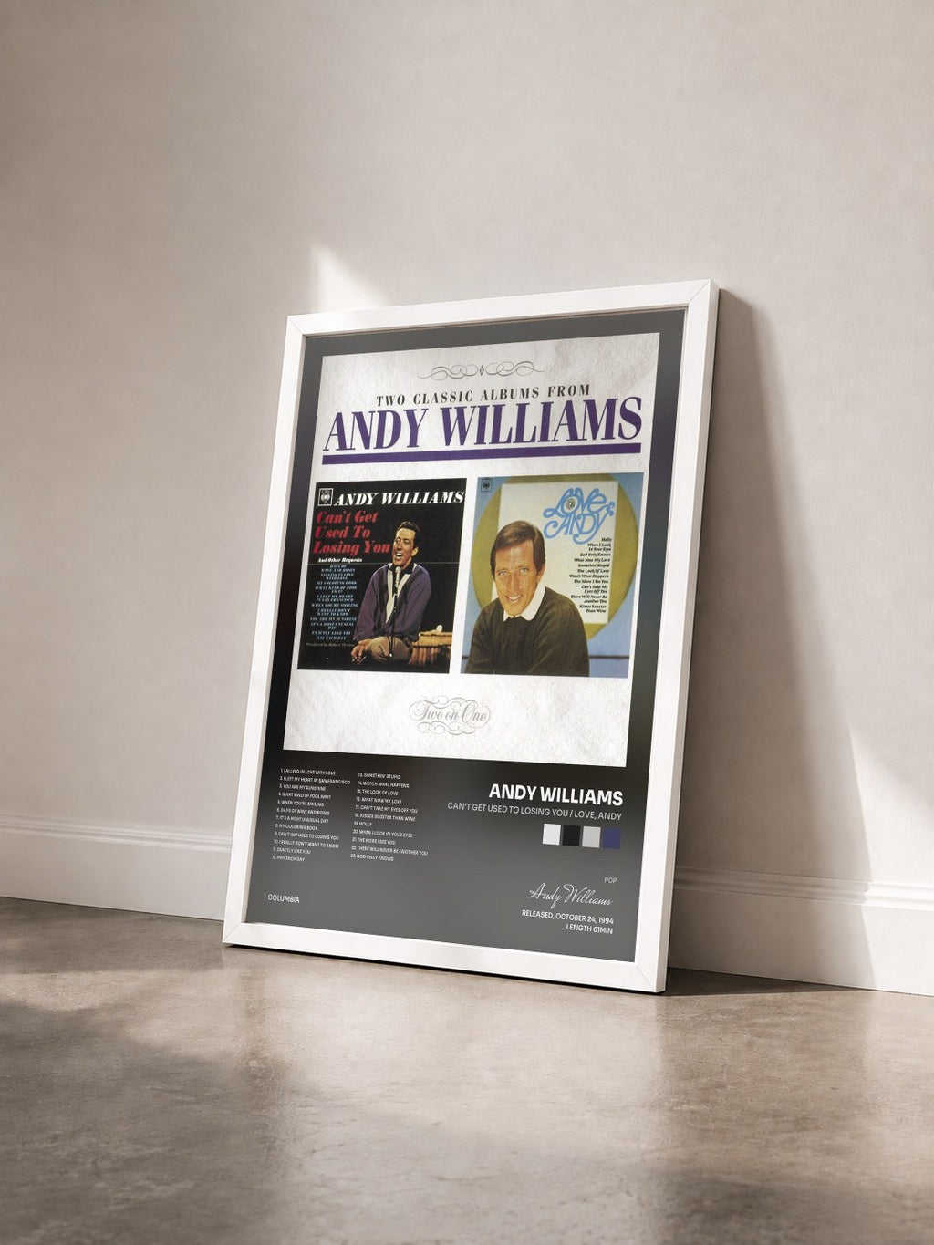 #blanc Tableau de l'album Can't Get Used To Losing You / Love, Andy de Andy Williams vu de trois quarts, cadre blanc