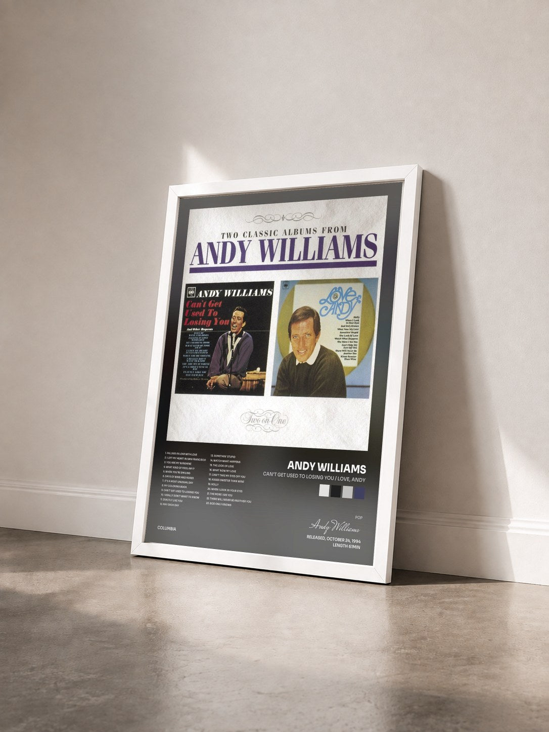 #blanc Tableau de l'album Can't Get Used To Losing You / Love, Andy de Andy Williams vu de trois quarts, cadre blanc
