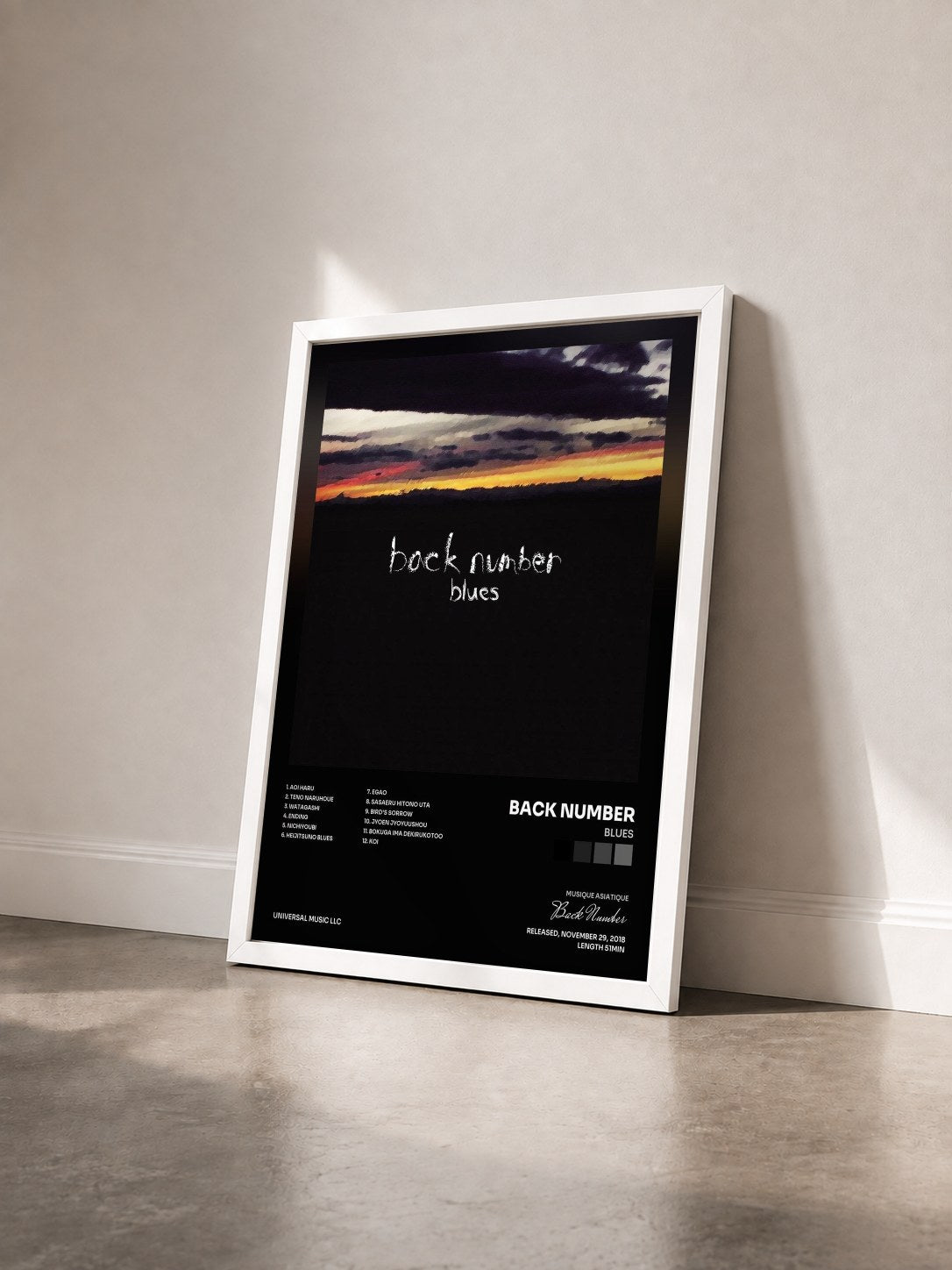 #blanc Tableau de l'album Blues de Back Number vu de trois quarts, cadre blanc
