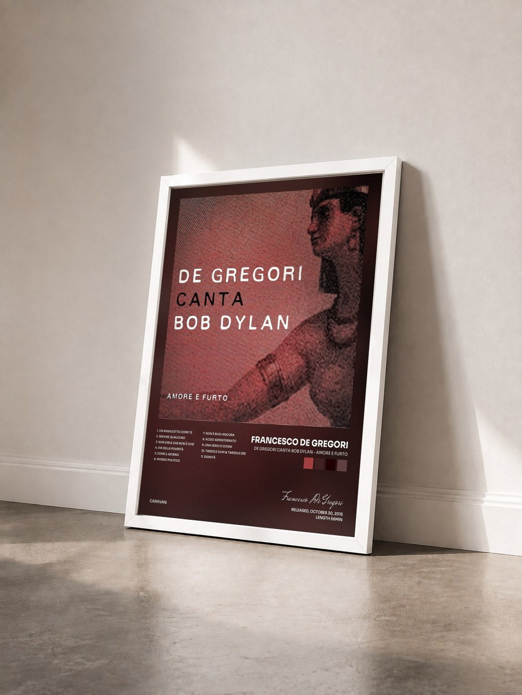 #blanc Tableau de l'album De Gregori canta Bob Dylan - Amore e furto de Francesco De Gregori vu de trois quarts, cadre blanc