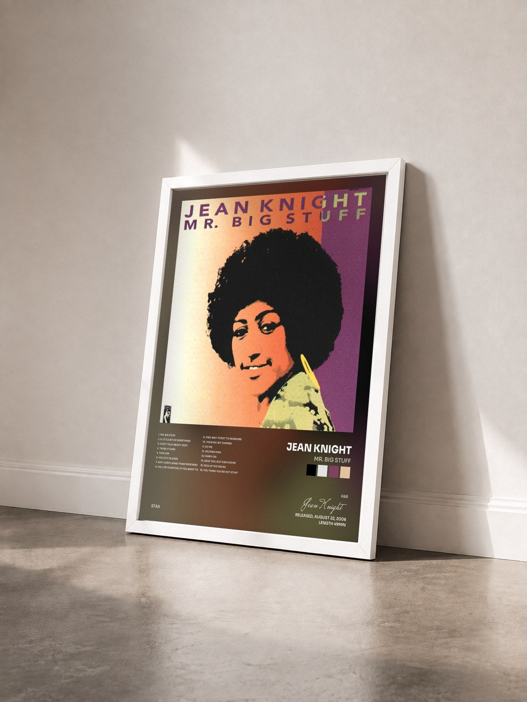 #blanc Tableau de l'album Mr. Big Stuff de Jean Knight vu de trois quarts, cadre blanc