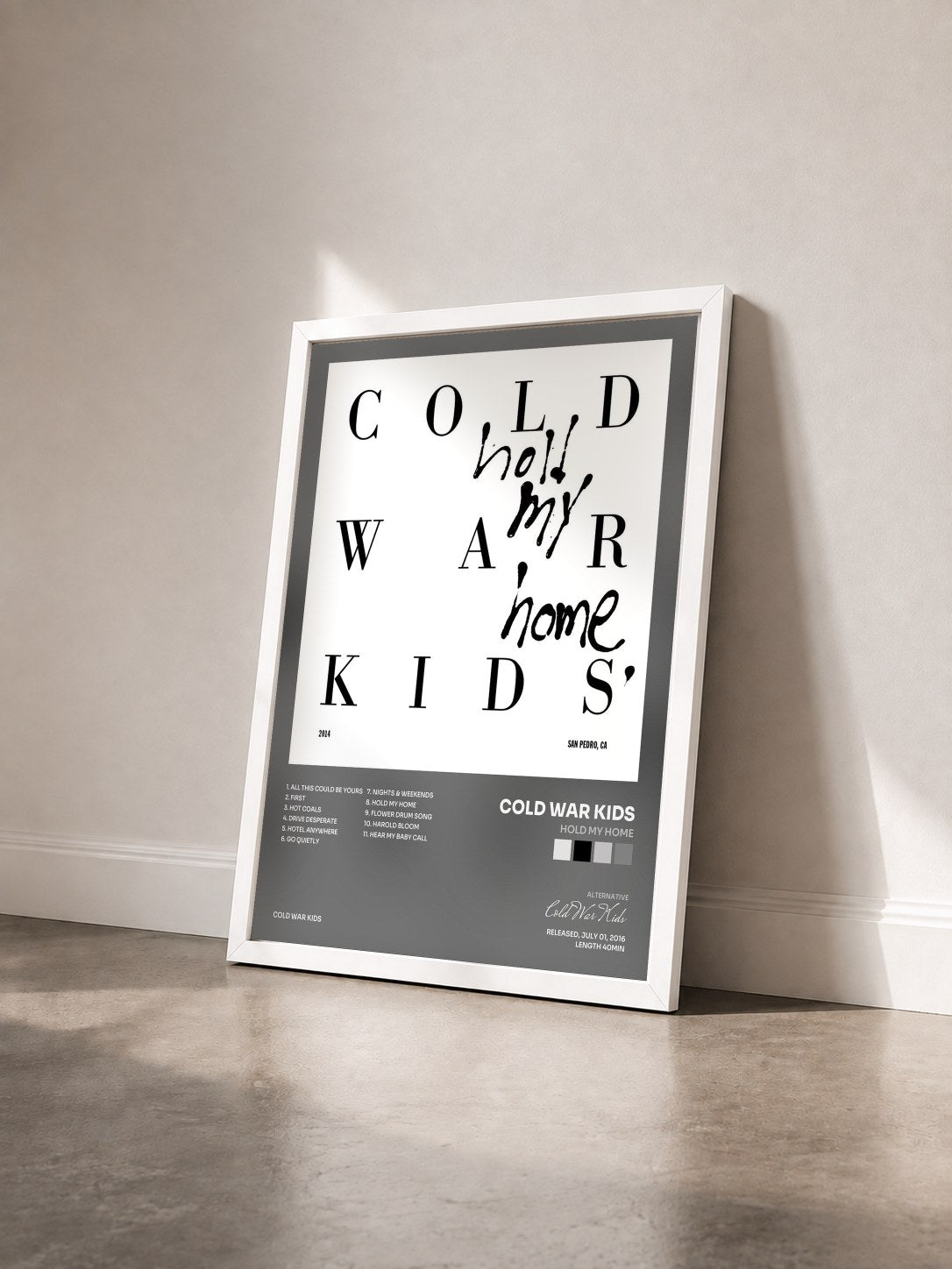 #blanc Tableau de l'album Hold My Home de Cold War Kids vu de trois quarts, cadre blanc