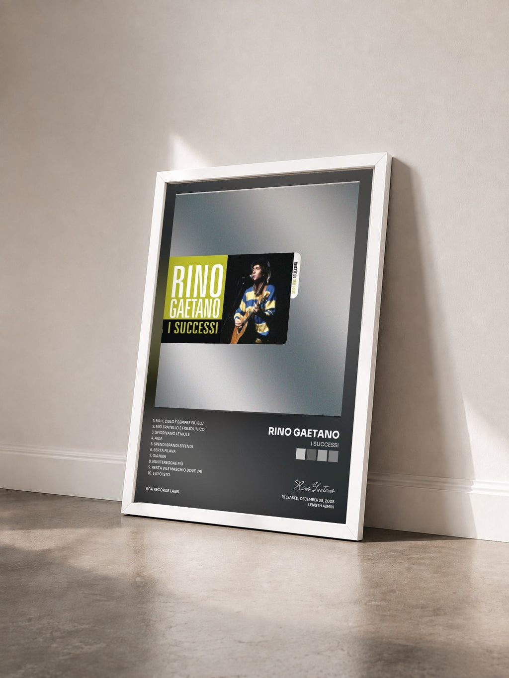 #blanc Tableau de l'album I Successi de Rino Gaetano vu de trois quarts, cadre blanc