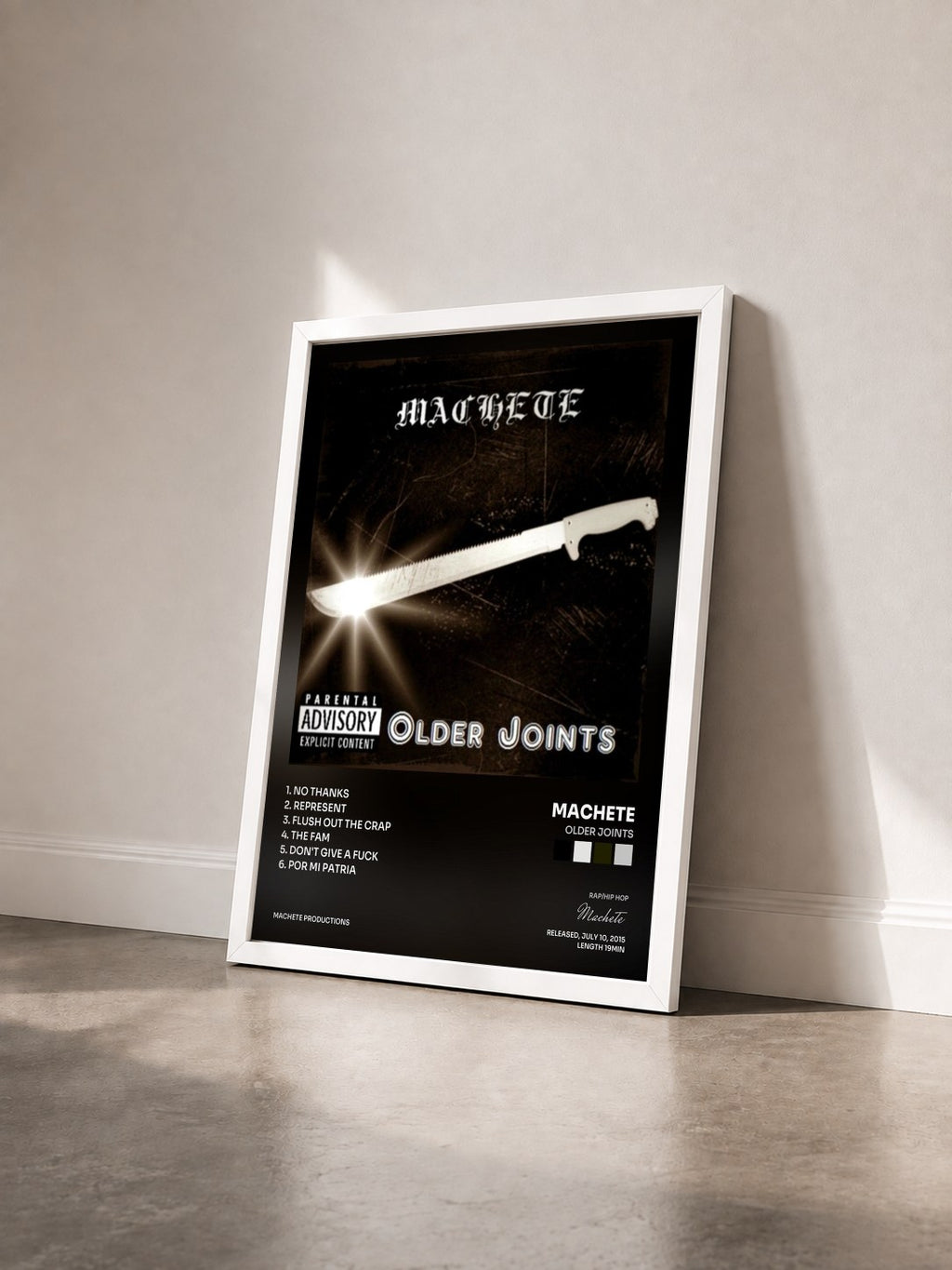 #blanc Tableau de l'album Older Joints de Machete vu de trois quarts, cadre blanc