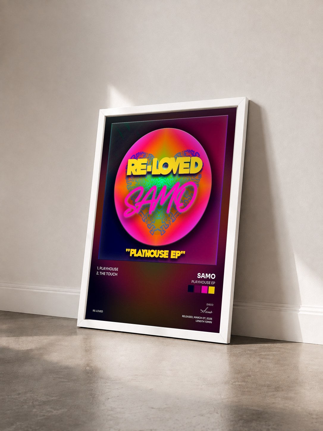 #blanc Tableau de l'album Playhouse EP de Samo vu de trois quarts, cadre blanc