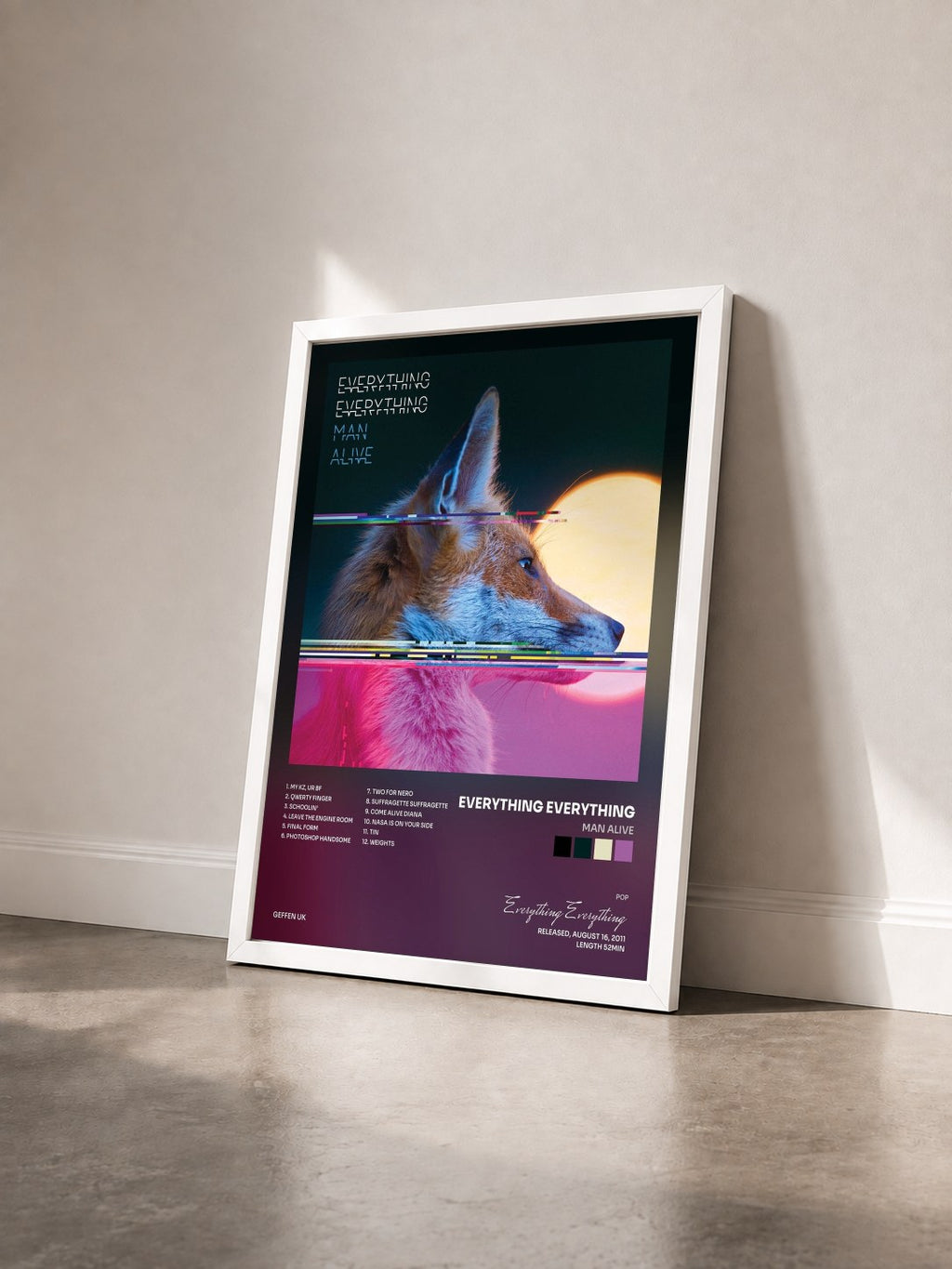 #blanc Tableau de l'album Man Alive de Everything Everything vu de trois quarts, cadre blanc
