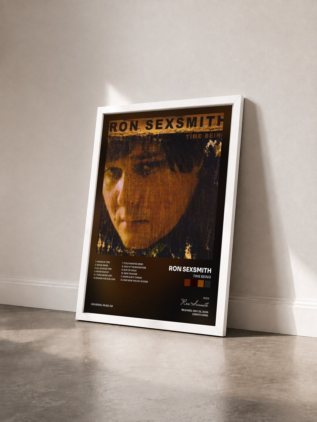 #blanc Tableau de l'album Time Being de Ron Sexsmith vu de trois quarts, cadre blanc
