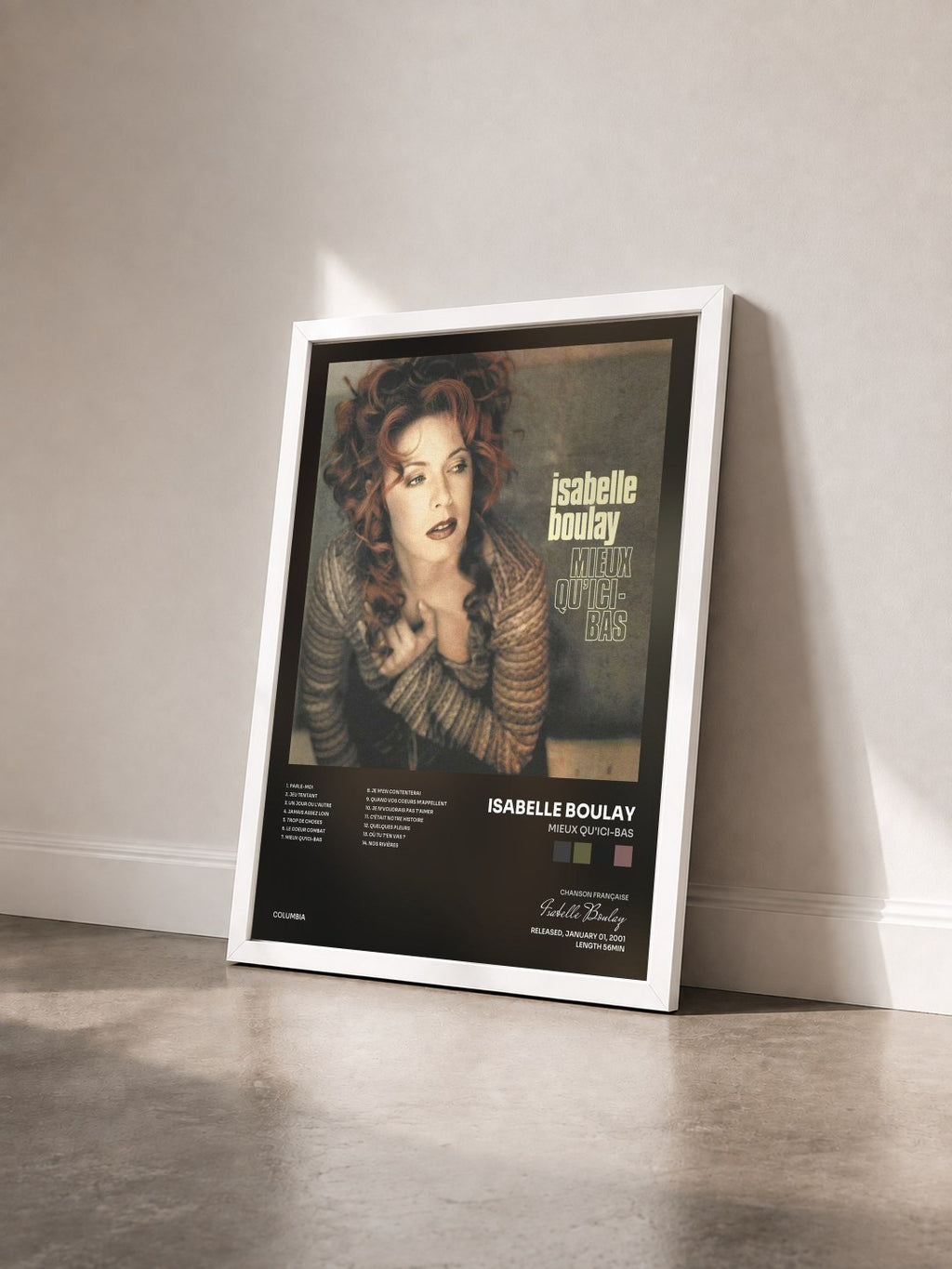 #blanc Tableau de l'album Mieux qu'ici-bas de Isabelle Boulay vu de trois quarts, cadre blanc
