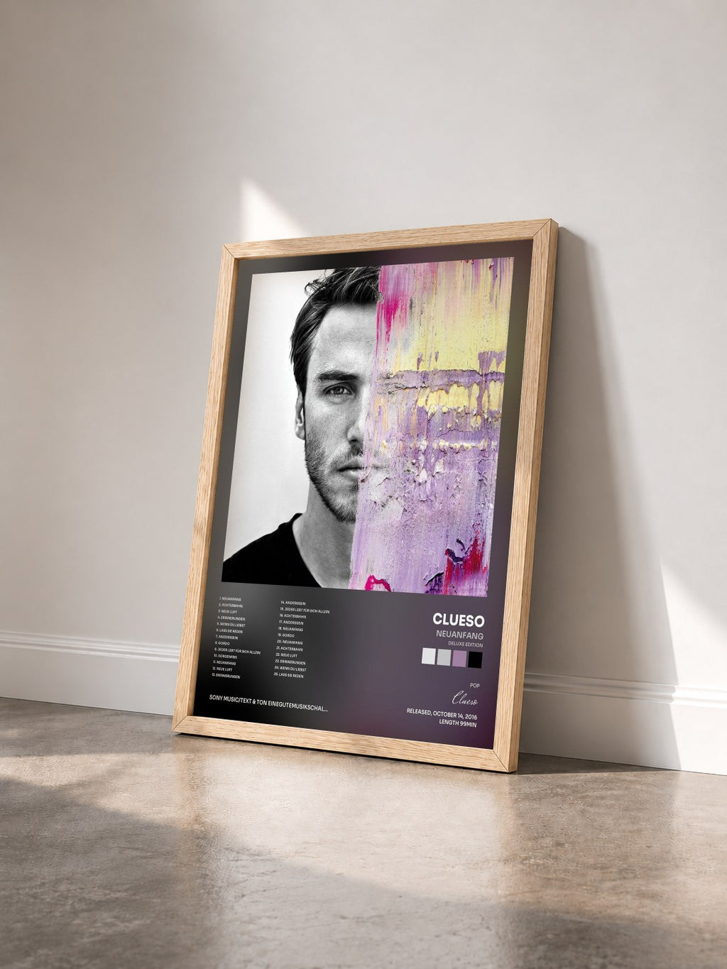 #bois Tableau de l'album Neuanfang (Deluxe Edition) de Clueso vu de trois quarts, cadre en bois brut