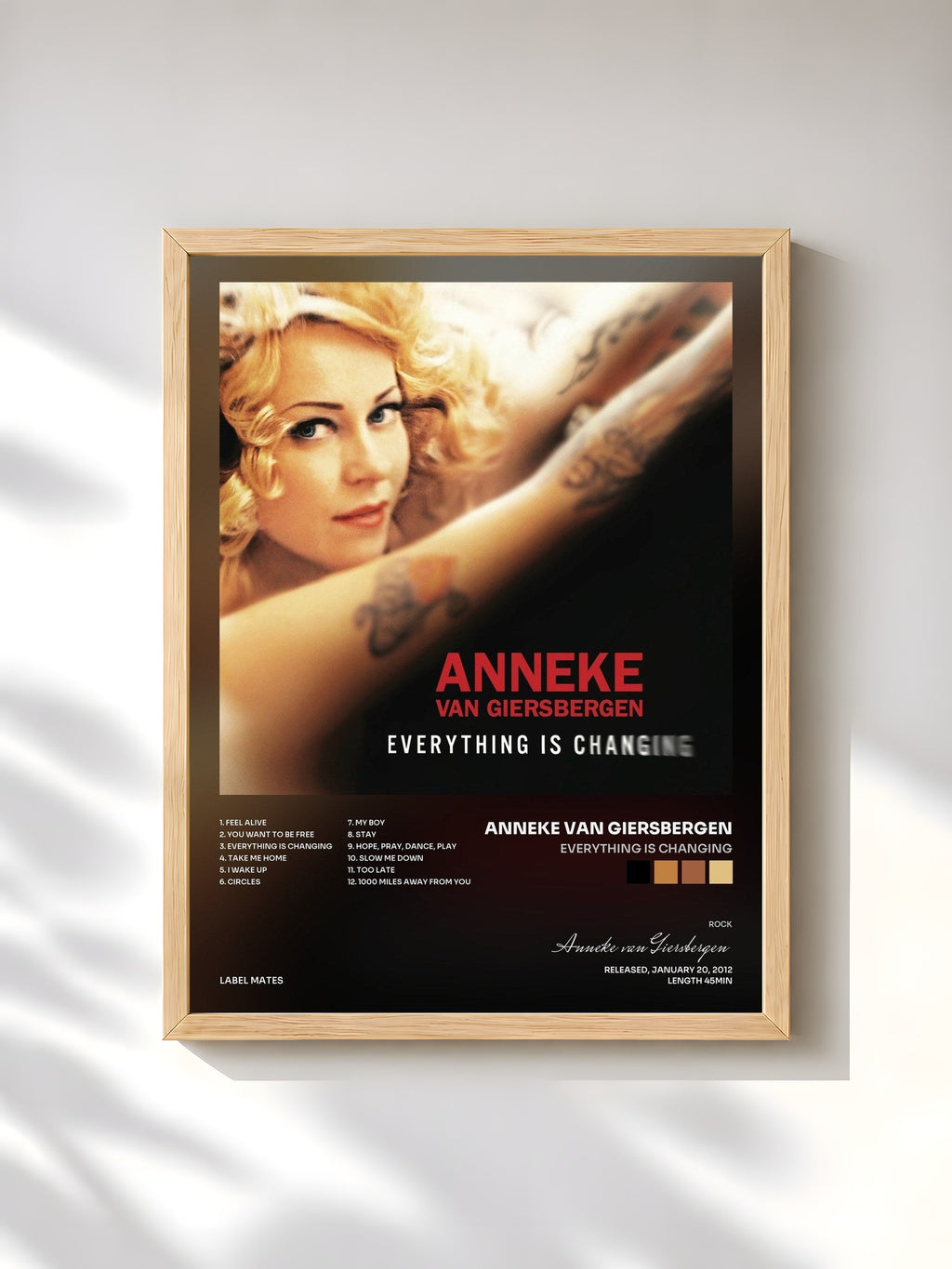 #bois Tableau de l'album Everything Is Changing de Anneke van Giersbergen, cadre en bois brut, imprimé et encadré en France