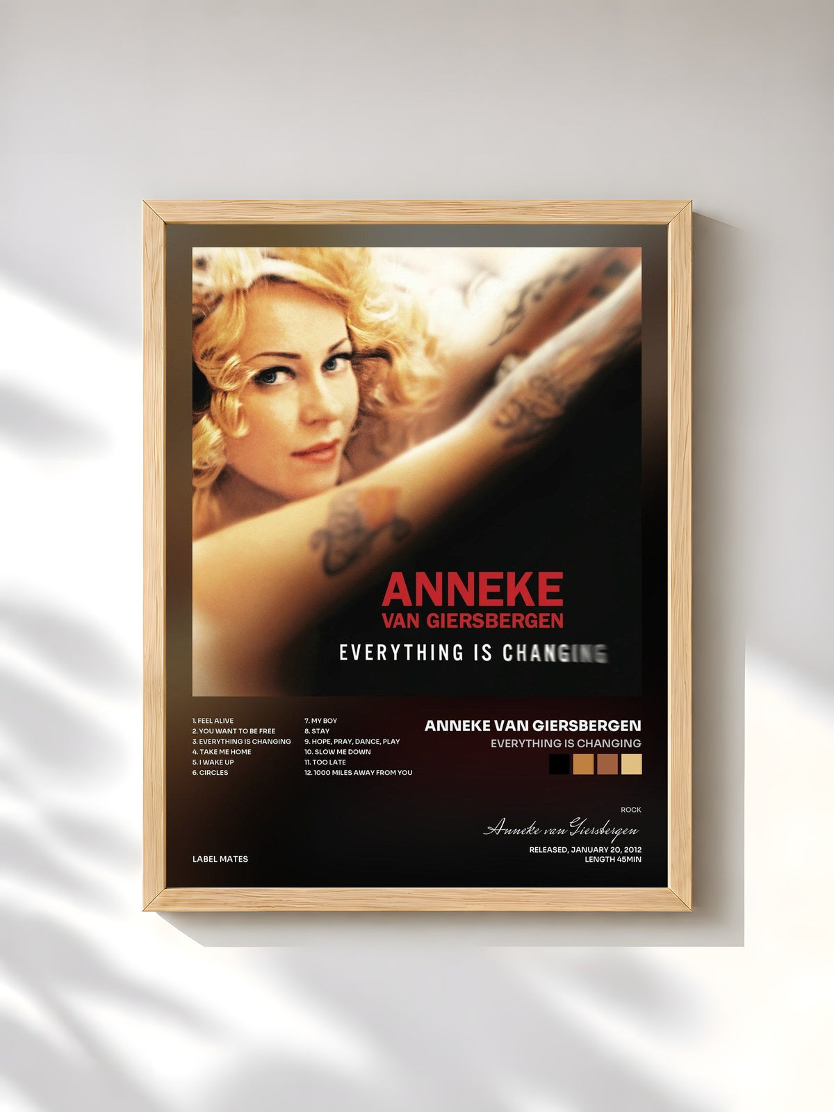 #bois Tableau de l'album Everything Is Changing de Anneke van Giersbergen, cadre en bois brut, imprimé et encadré en France